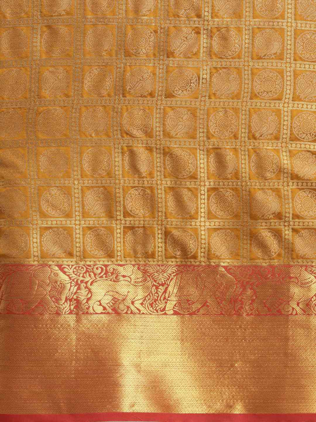 Geometric Print Gold Colour Kanjivaram Silk Saree by My Store