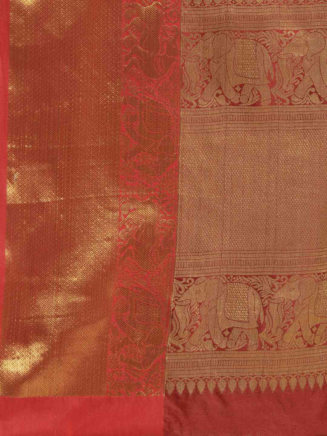 Geometric Print Gold Colour Kanjivaram Silk Saree by My Store