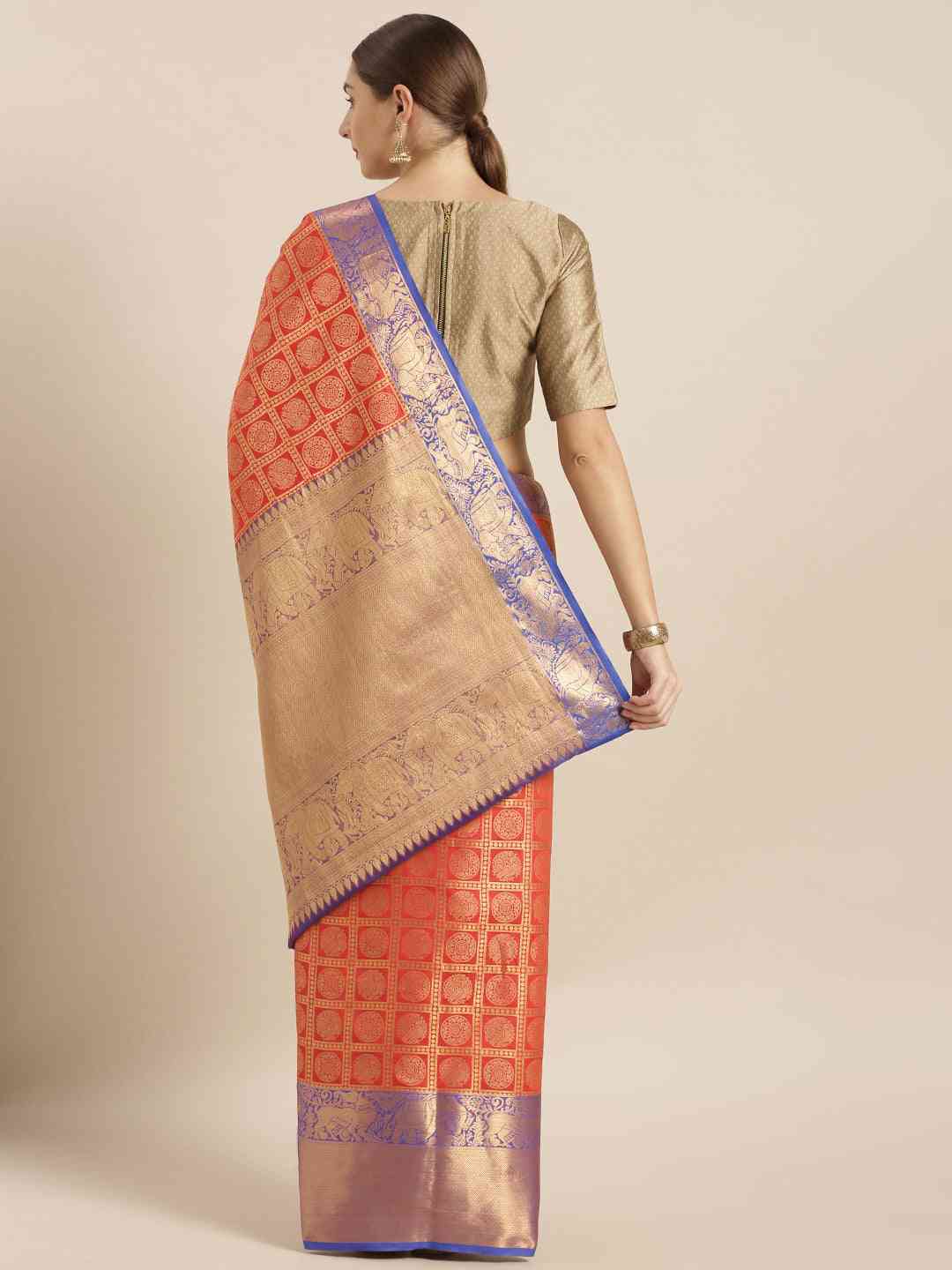 Geometric Print Red Colour Kanjivaram Silk Saree by My Store