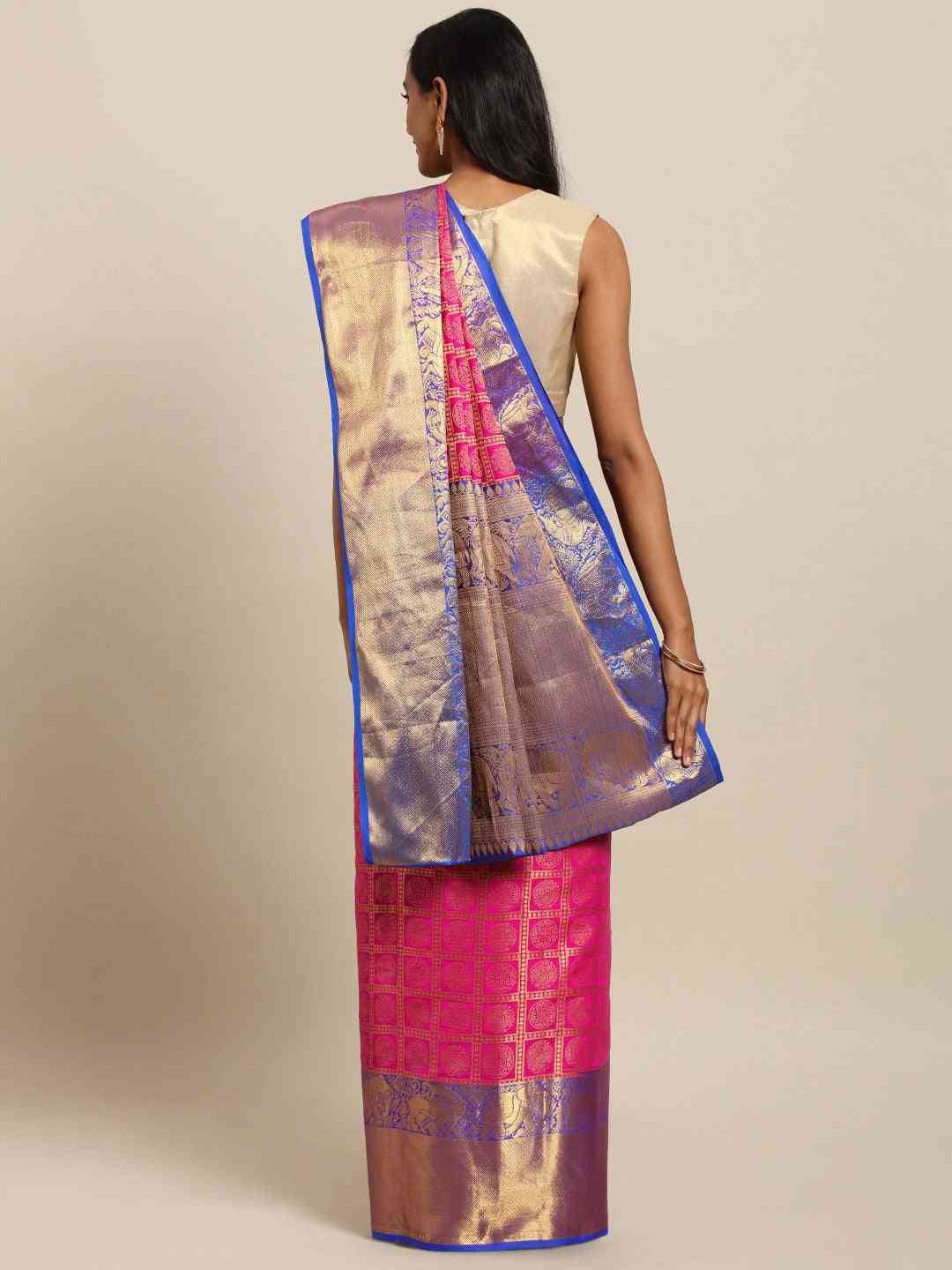 Geometric Print Pink Colour Kanjivaram Silk Saree by My Store