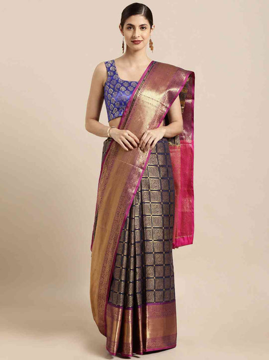 Kanjivaram Silk Saree Navy Colour With Checked Print by My Store