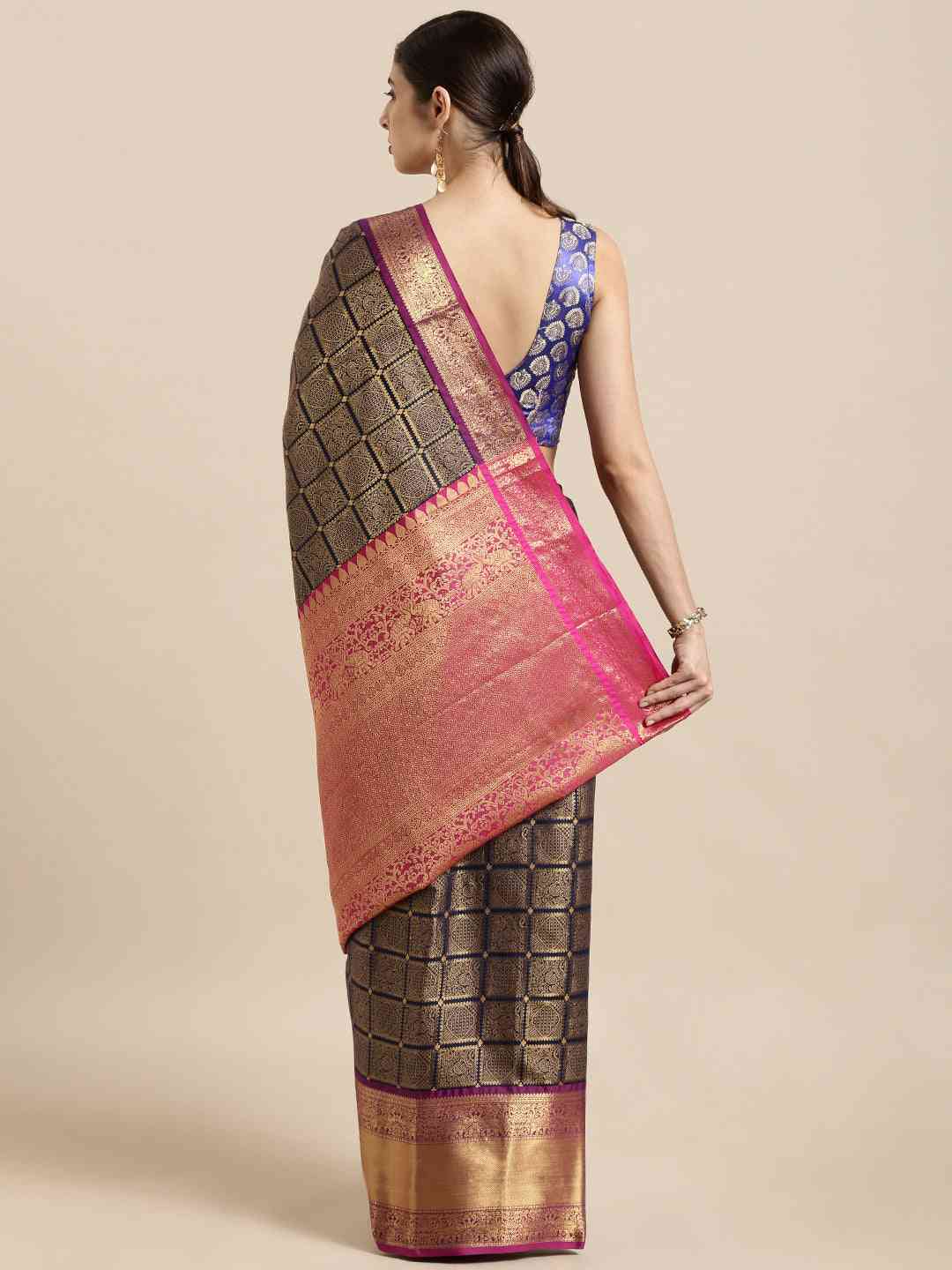 Kanjivaram Silk Saree Navy Colour With Checked Print by My Store