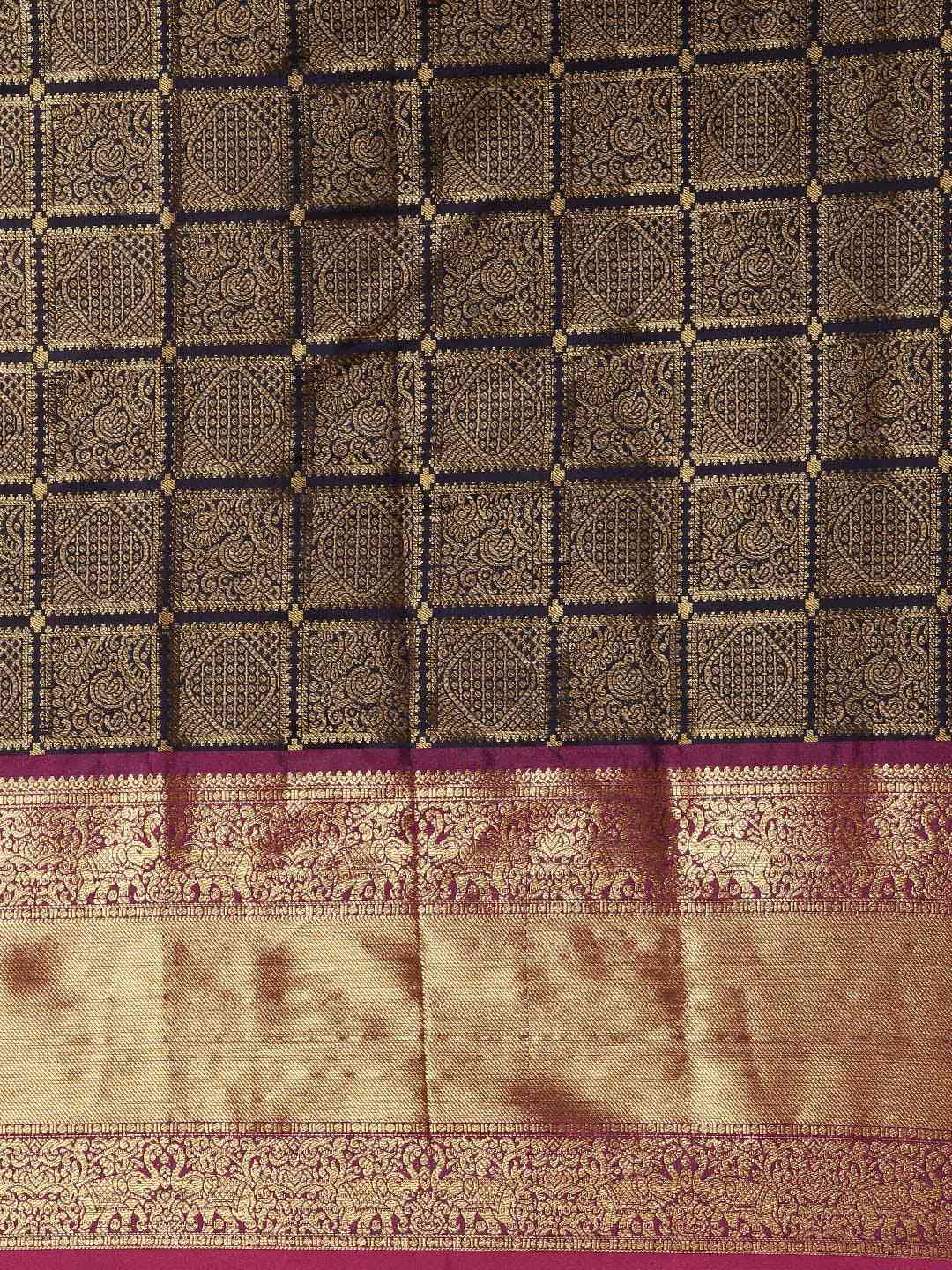 Kanjivaram Silk Saree Navy Colour With Checked Print by My Store