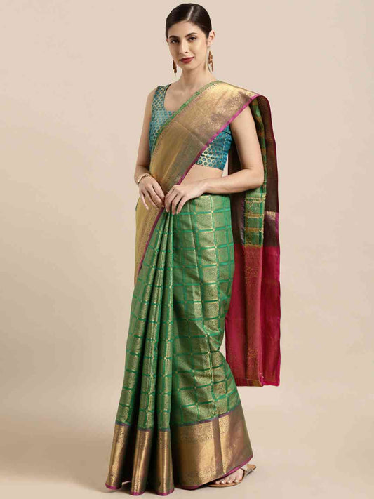 Kanjivaram Silk Saree Green Colour With Checked Print by My Store