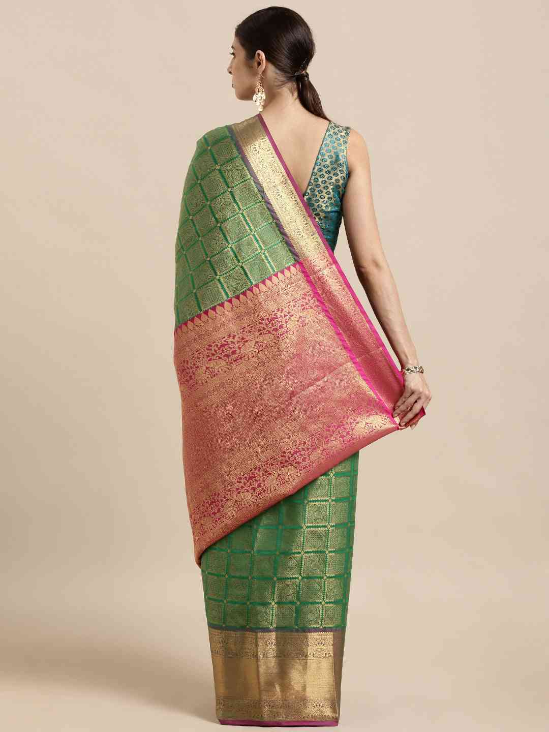 Kanjivaram Silk Saree Green Colour With Checked Print by My Store