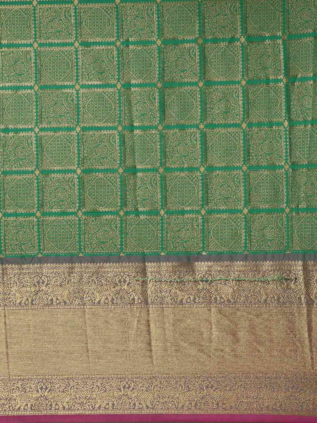 Kanjivaram Silk Saree Green Colour With Checked Print by My Store