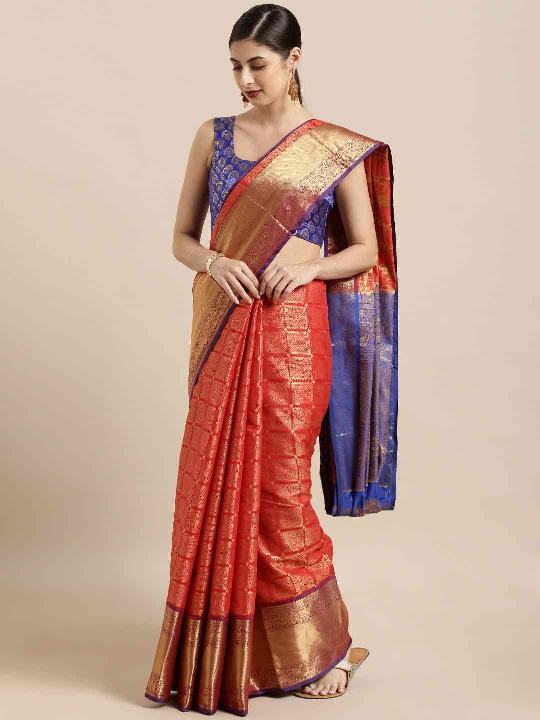 Kanjivaram Silk Saree Red Colour With Checked Print by My Store