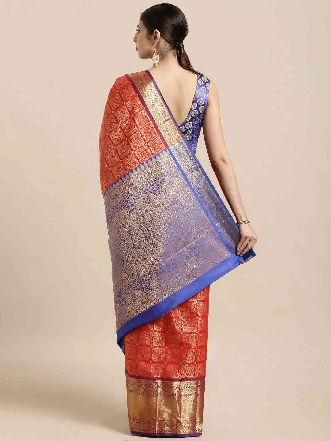 Kanjivaram Silk Saree Red Colour With Checked Print by My Store