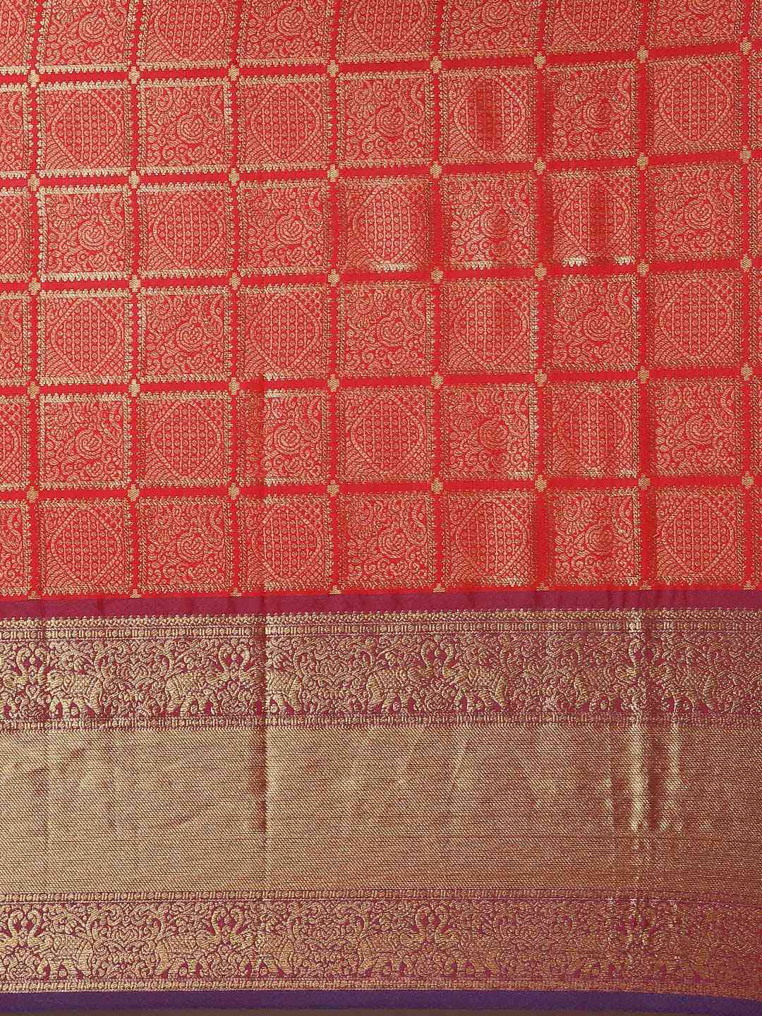 Kanjivaram Silk Saree Red Colour With Checked Print by My Store