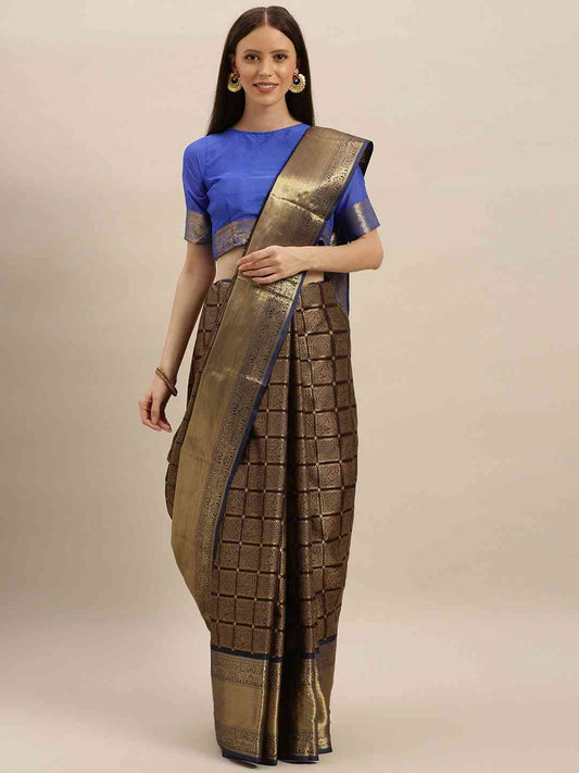 Kanjivaram Silk Saree Royal Blue Colour With Checked Print by My Store