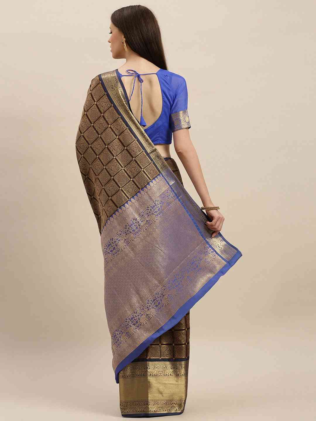 Kanjivaram Silk Saree Royal Blue Colour With Checked Print by My Store