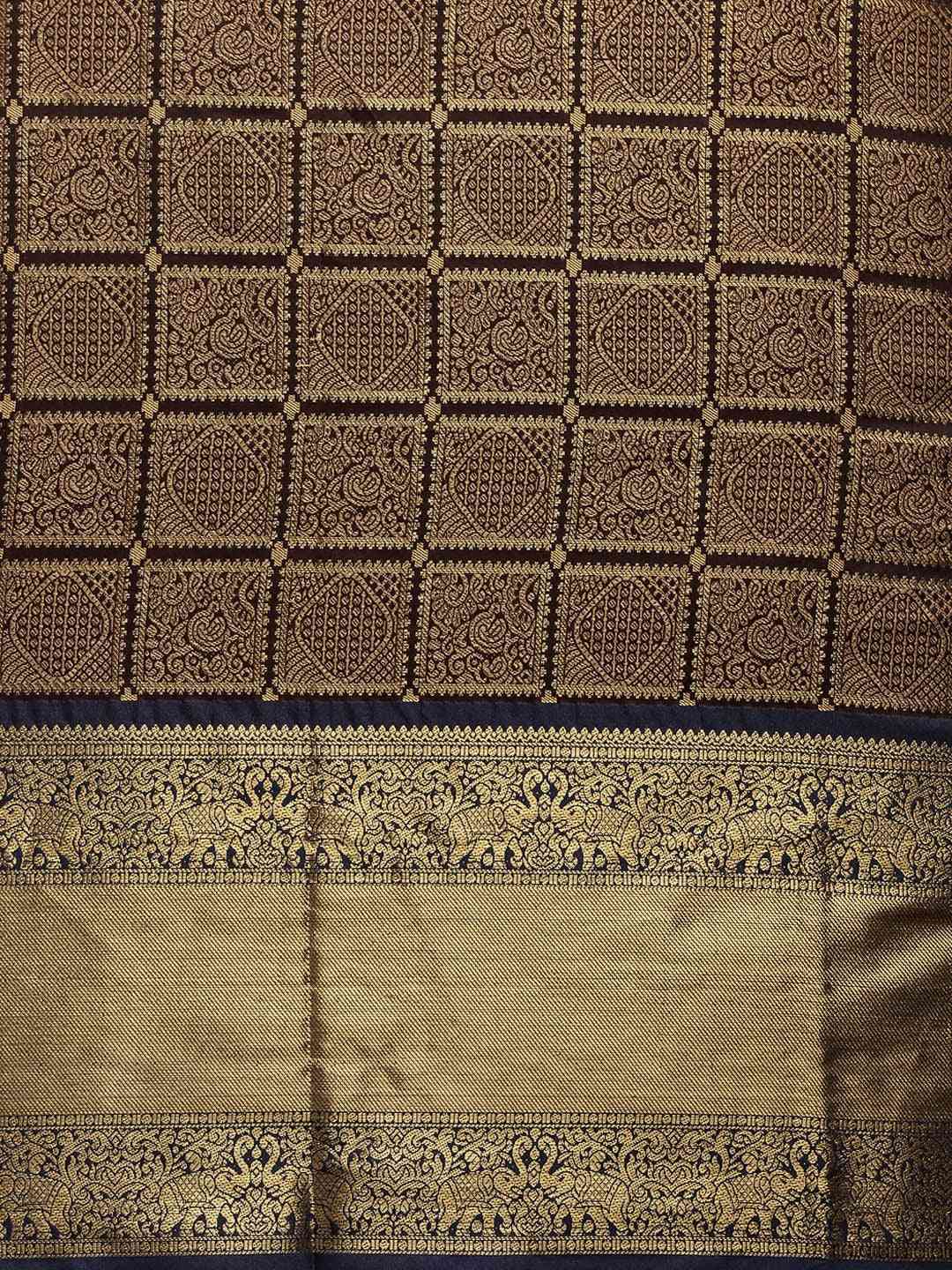 Kanjivaram Silk Saree Royal Blue Colour With Checked Print by My Store