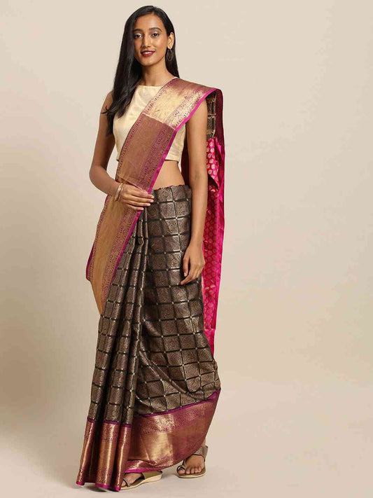 Kanjivaram Silk Saree Black Colour With Checked Print by My Store