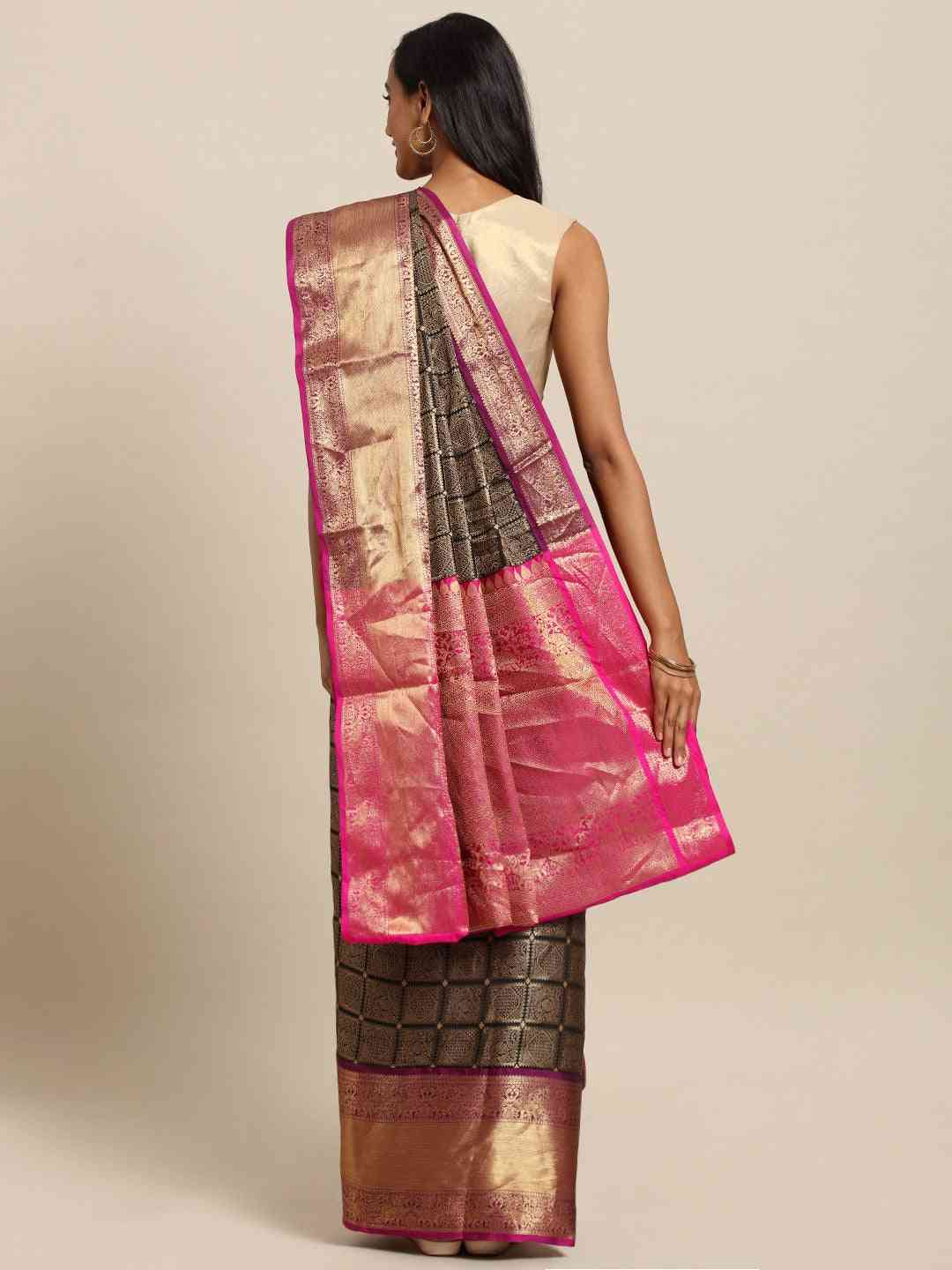 Kanjivaram Silk Saree Black Colour With Checked Print by My Store