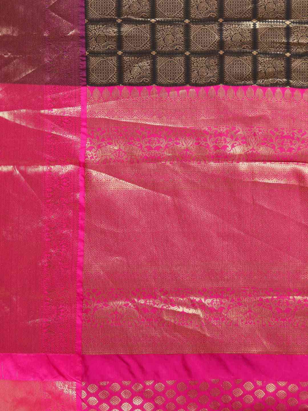 Kanjivaram Silk Saree Black Colour With Checked Print by My Store