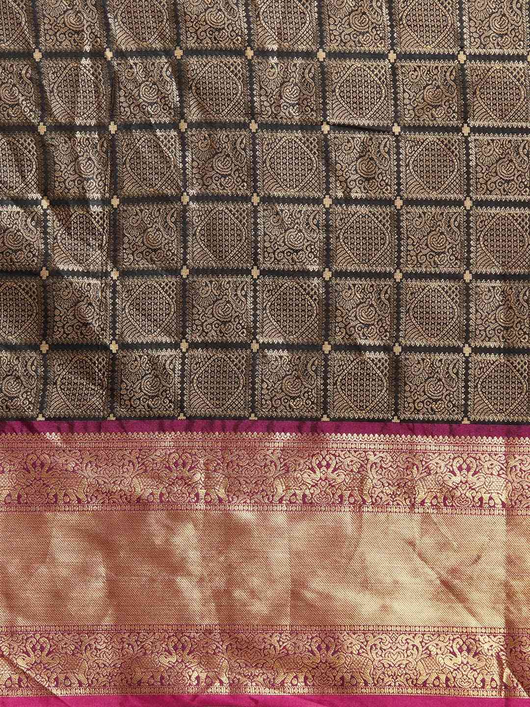 Kanjivaram Silk Saree Black Colour With Checked Print by My Store