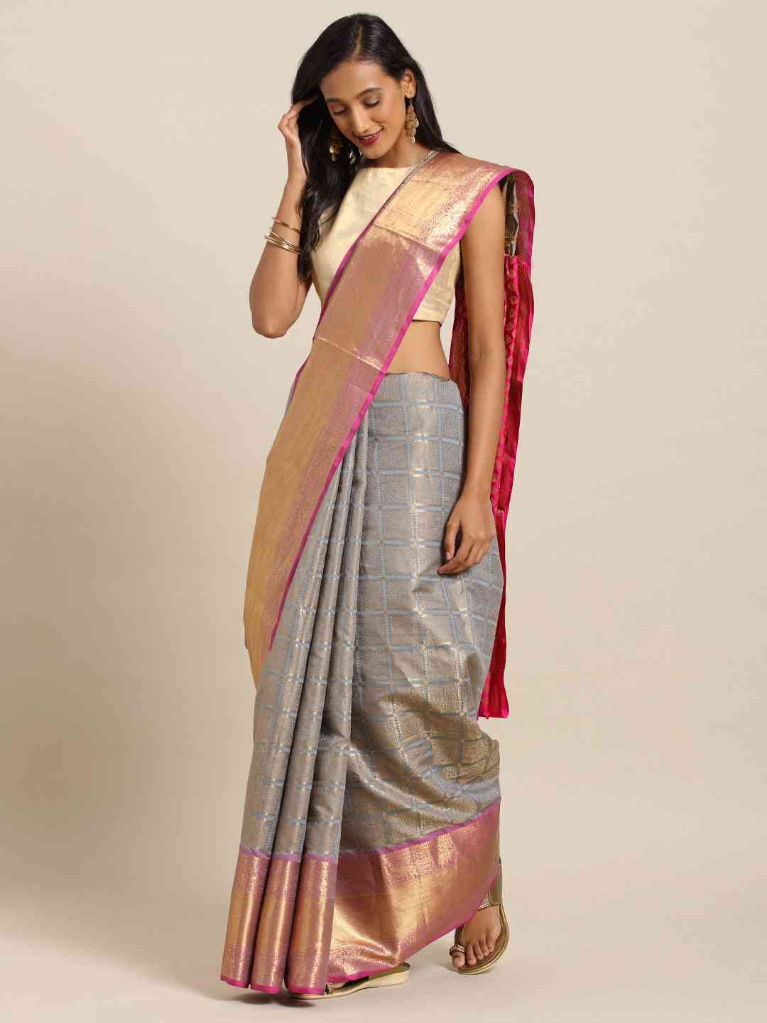 Kanjivaram Silk Saree Grey Colour With Checked Print by My Store