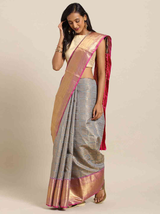 Kanjivaram Silk Saree Grey Colour With Checked Print by My Store