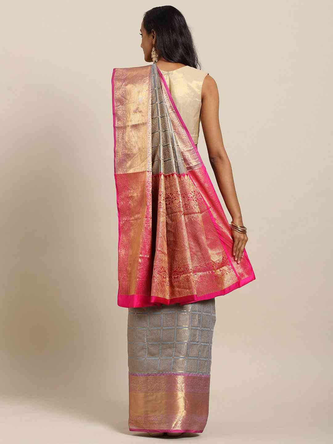 Kanjivaram Silk Saree Grey Colour With Checked Print by My Store