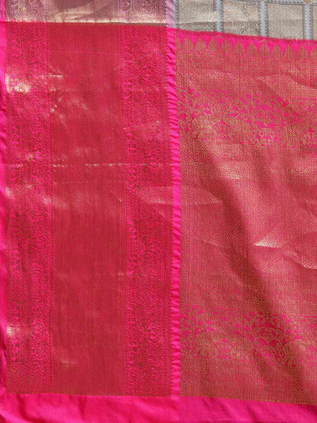 Kanjivaram Silk Saree Grey Colour With Checked Print by My Store