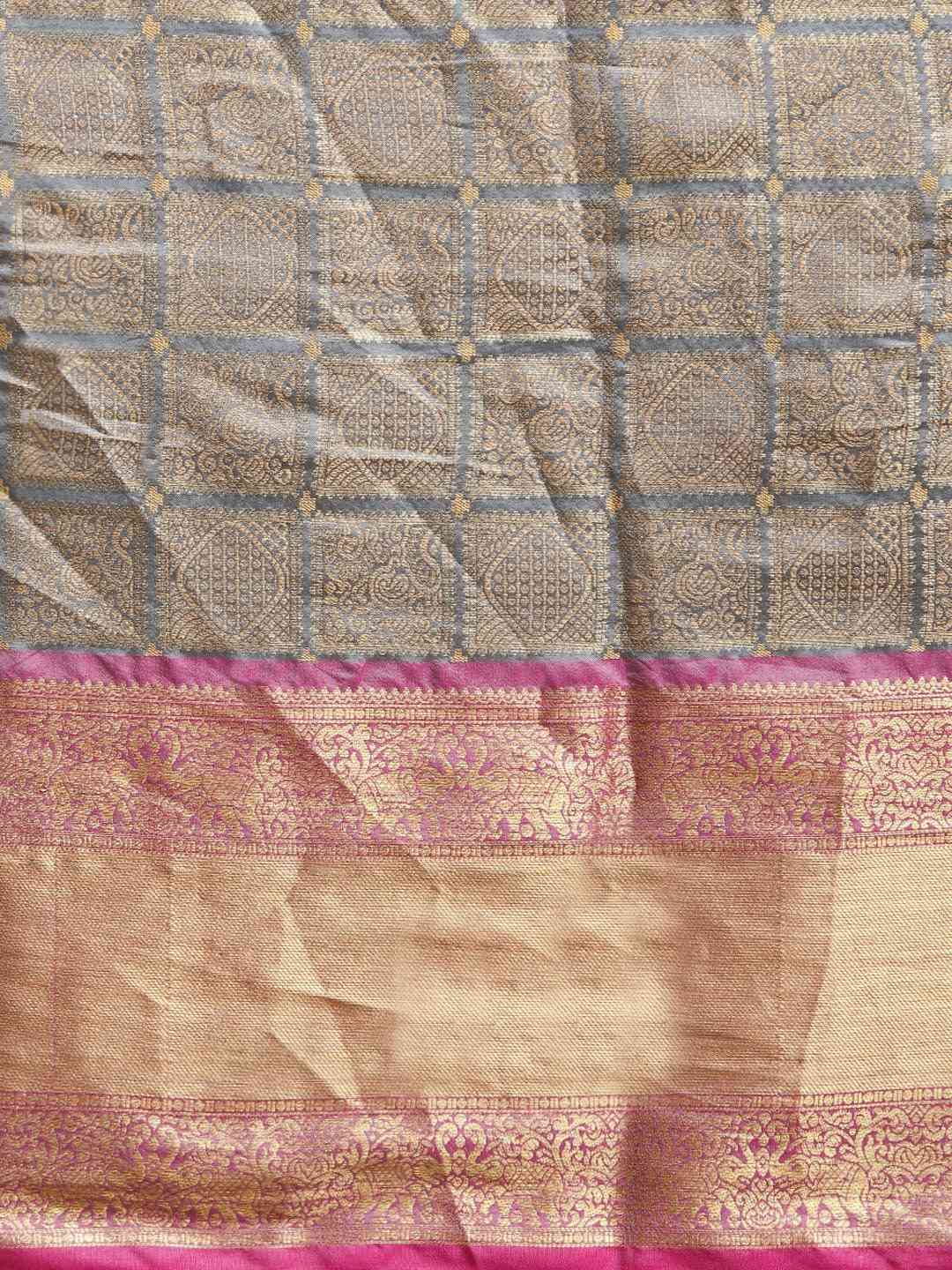 Kanjivaram Silk Saree Grey Colour With Checked Print by My Store