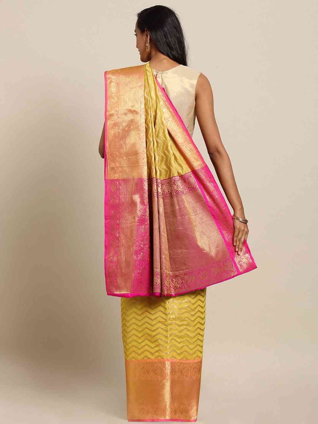 Pure Kanjivaram Silk Yellow Colour Geometric Print Saree by My Store