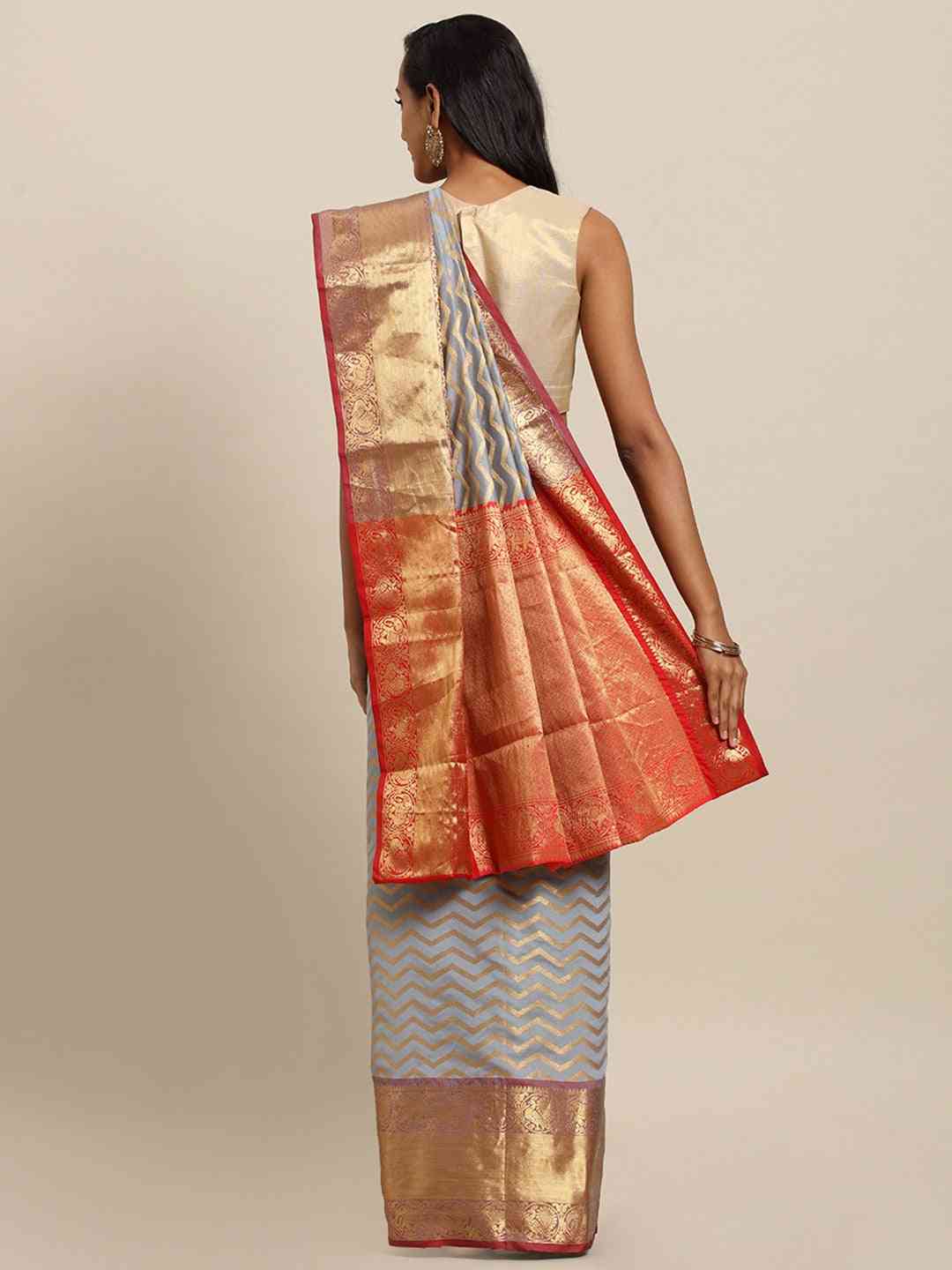 Pure Kanjivaram Silk Grey Colour Geometric Print Saree by My Store