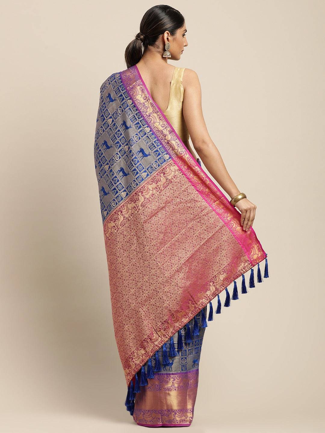 Banarasi Kanchi Ethnic Zari Motif Royal Blue Colour Festive Wear Saree