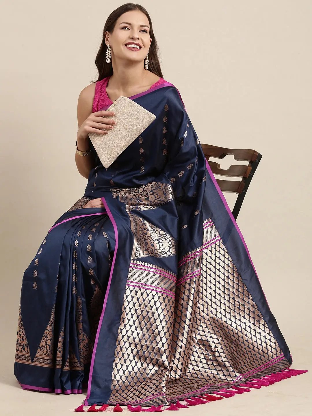 Navy Colour Banarasi Katan Silk Kanchi Zari Weaving Saree by My Store
