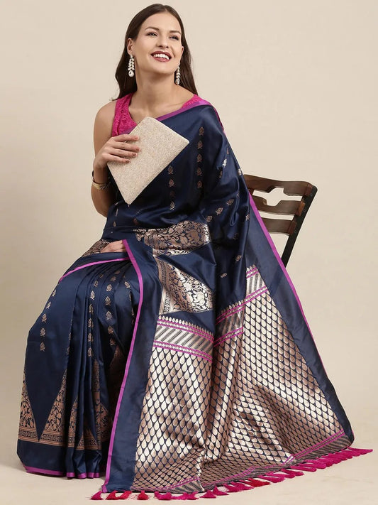 Navy Colour Banarasi Katan Silk Kanchi Zari Weaving Saree by My Store