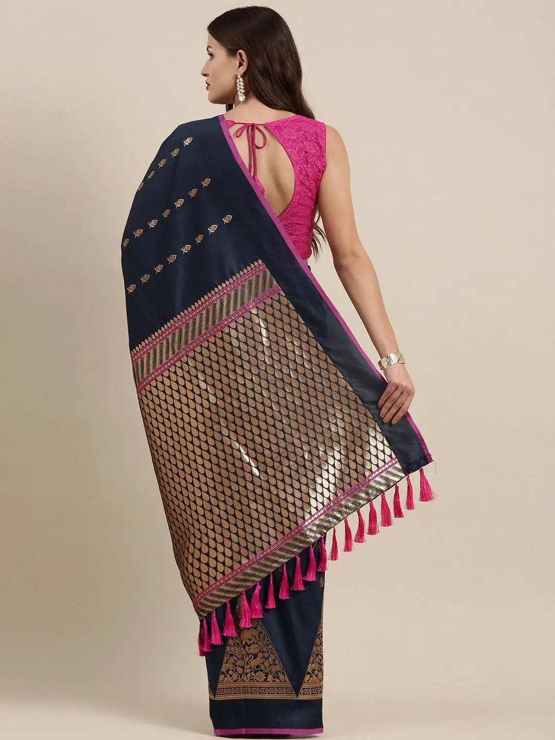 Navy Colour Banarasi Katan Silk Kanchi Zari Weaving Saree by My Store