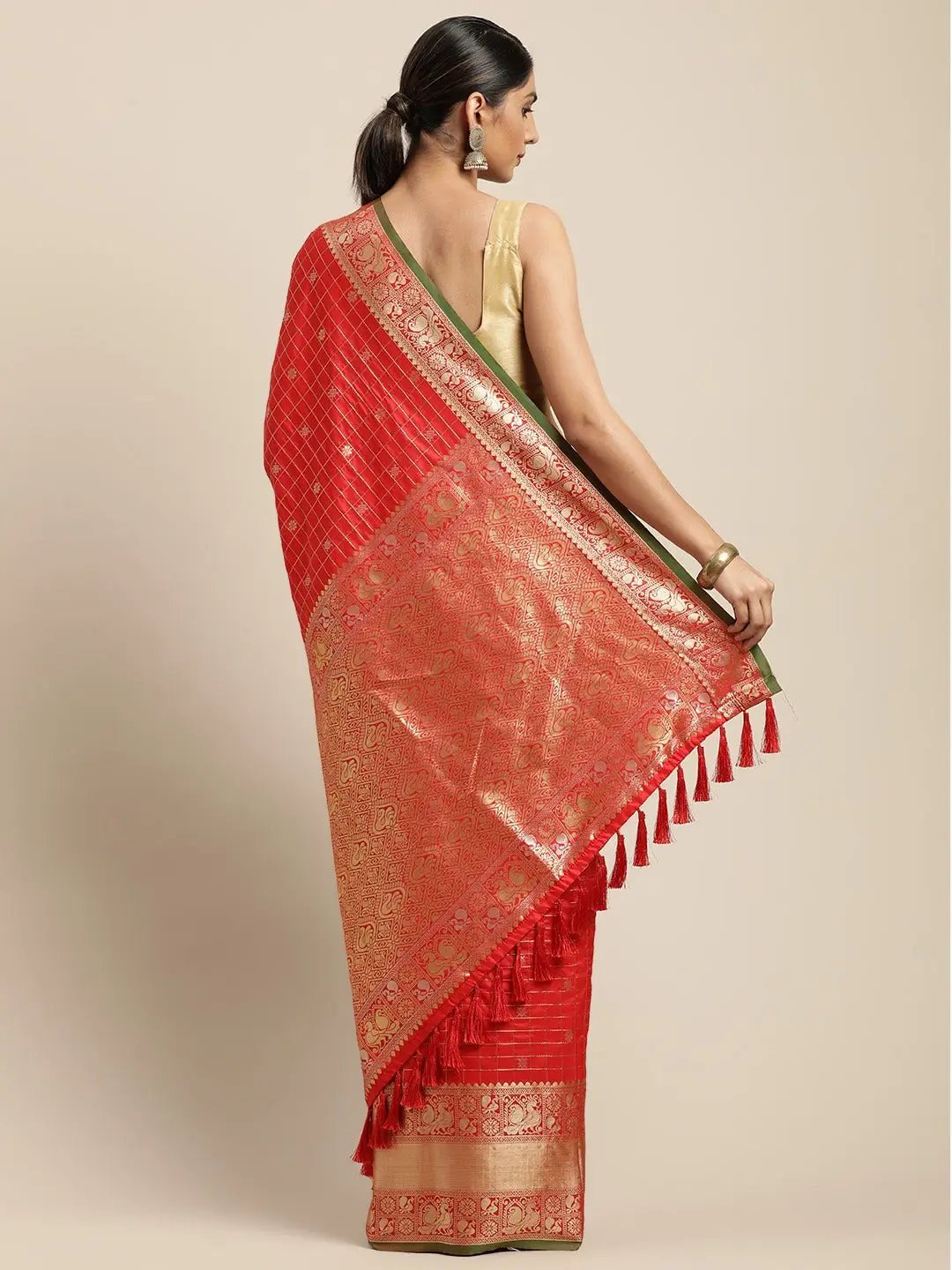 Red Colour Kanjivaaram Soft Silk Kanchi Zari Weaving Saree by My Store