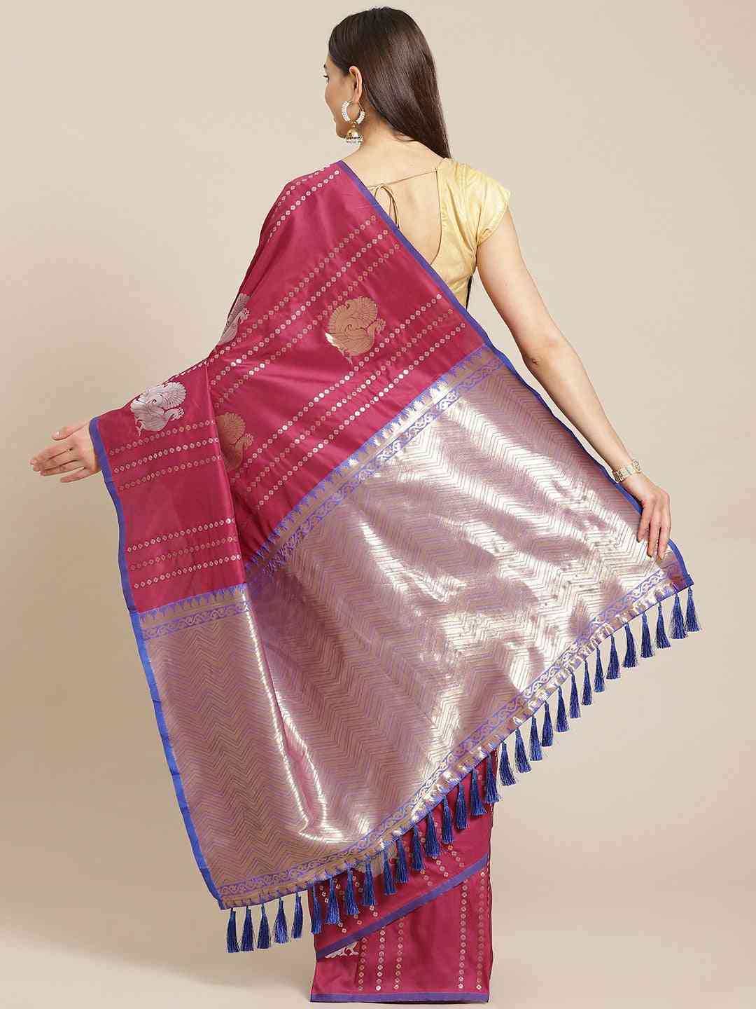 Burgundy Colour Peacock Woven Banarasi Design Saree by My Store