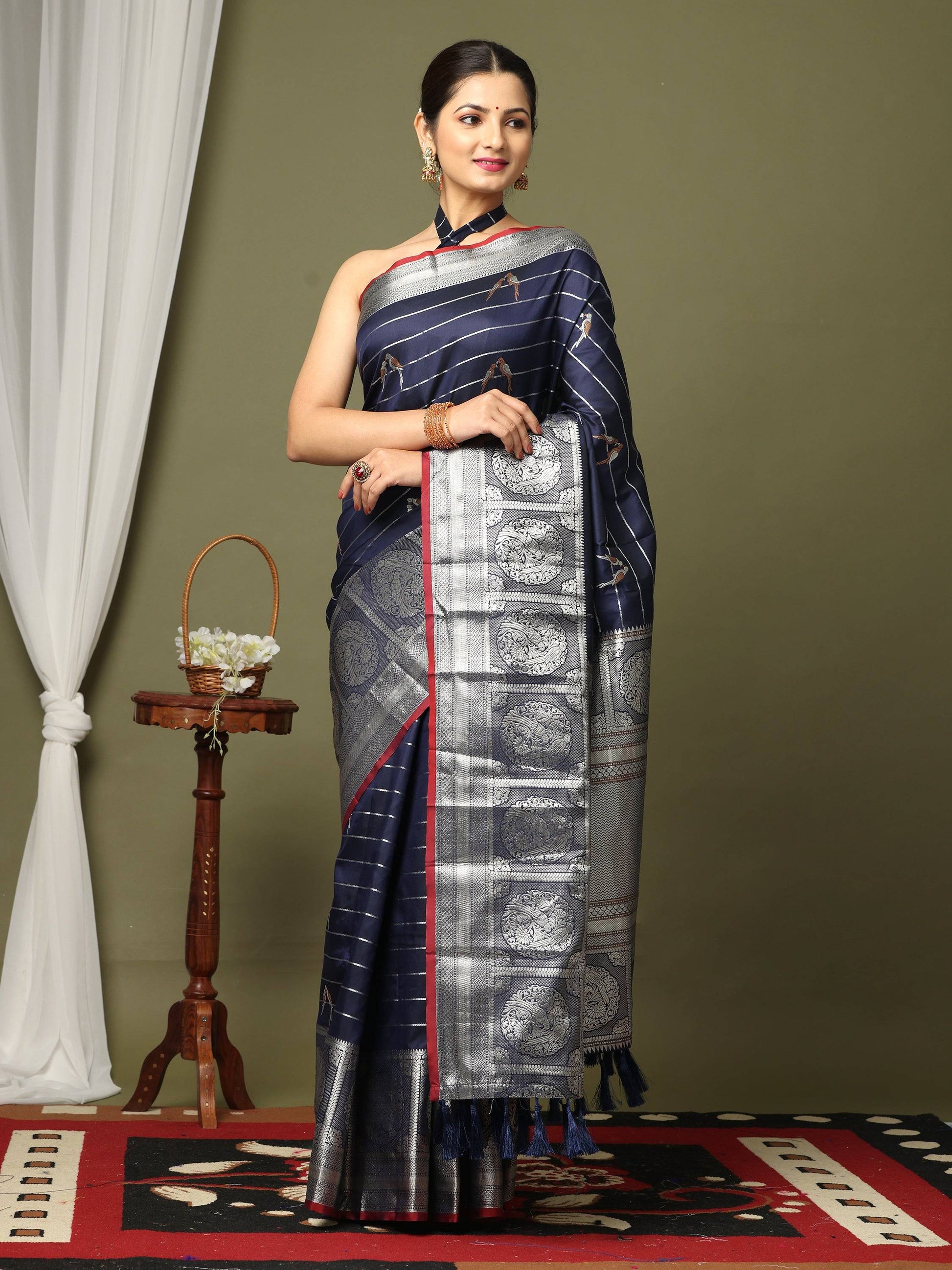 Navy Banarasi Soft Kanchi Zari Weaving Saree by My Store
