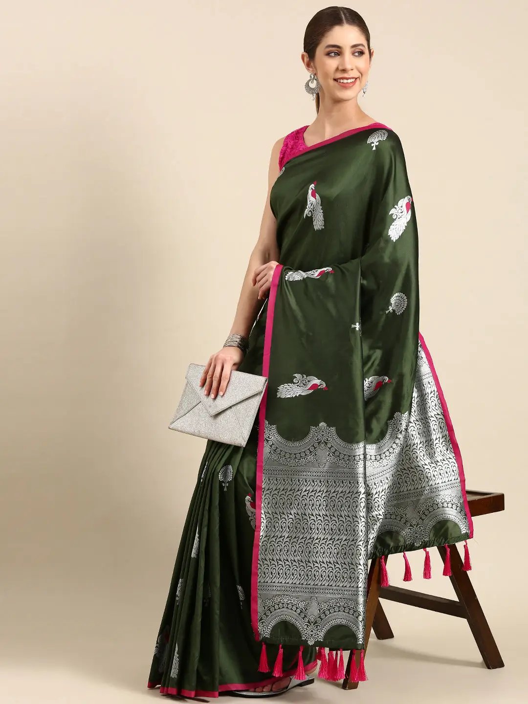 Bottle Green Banarasi Soft Silk Zari Weaving Saree by My Store
