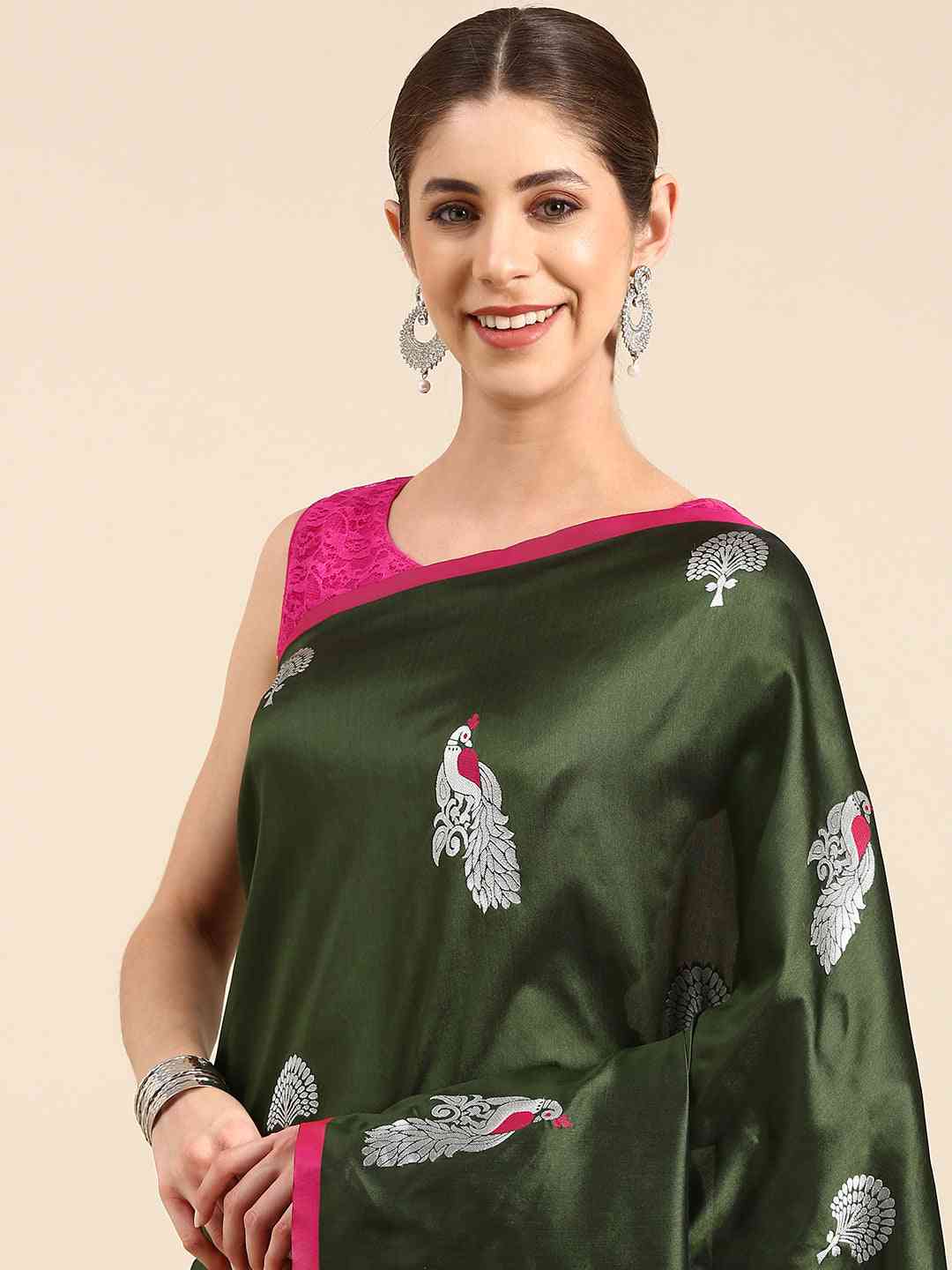 Bottle Green Banarasi Soft Silk Zari Weaving Saree by My Store