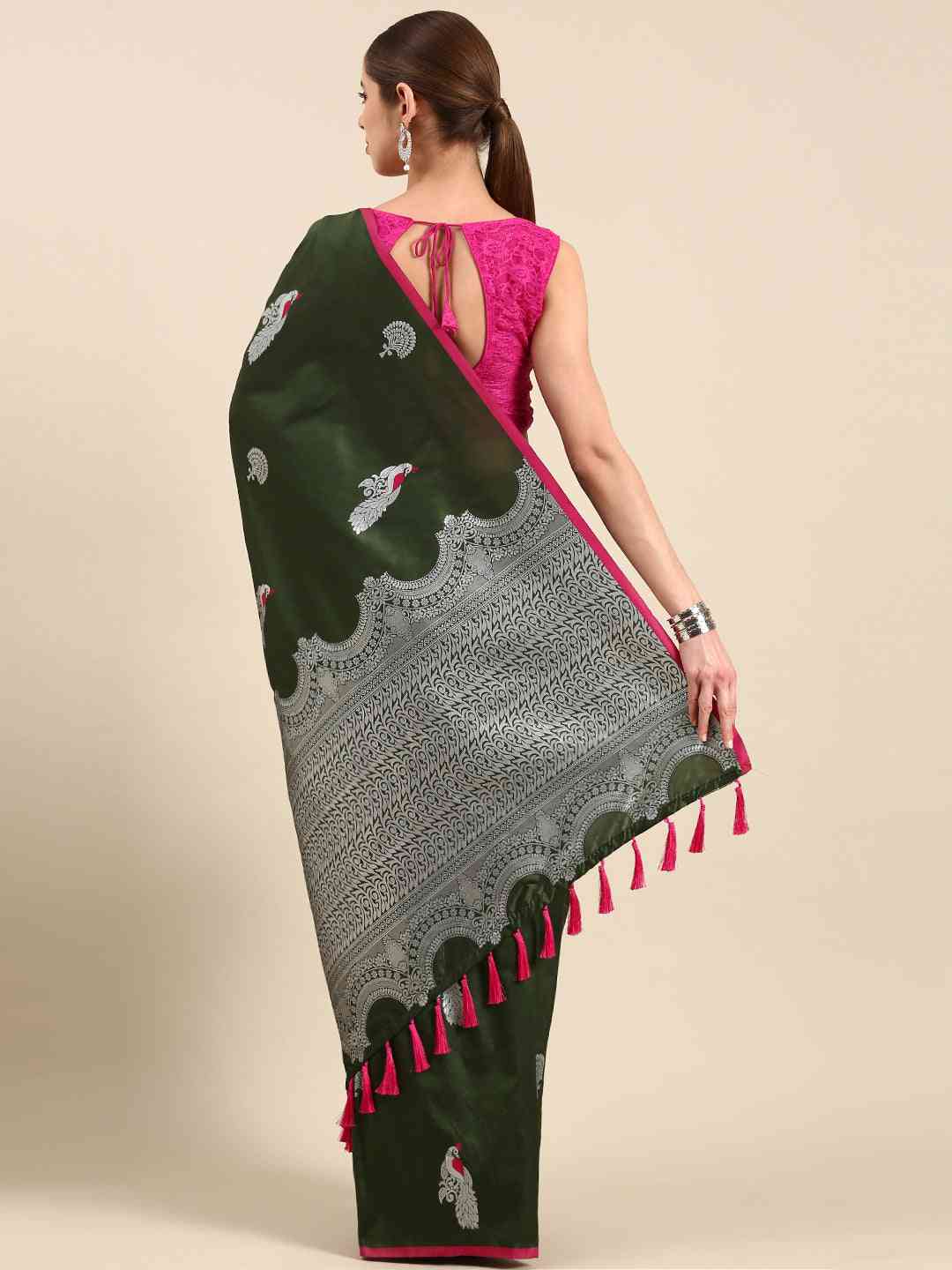 Bottle Green Banarasi Soft Silk Zari Weaving Saree by My Store
