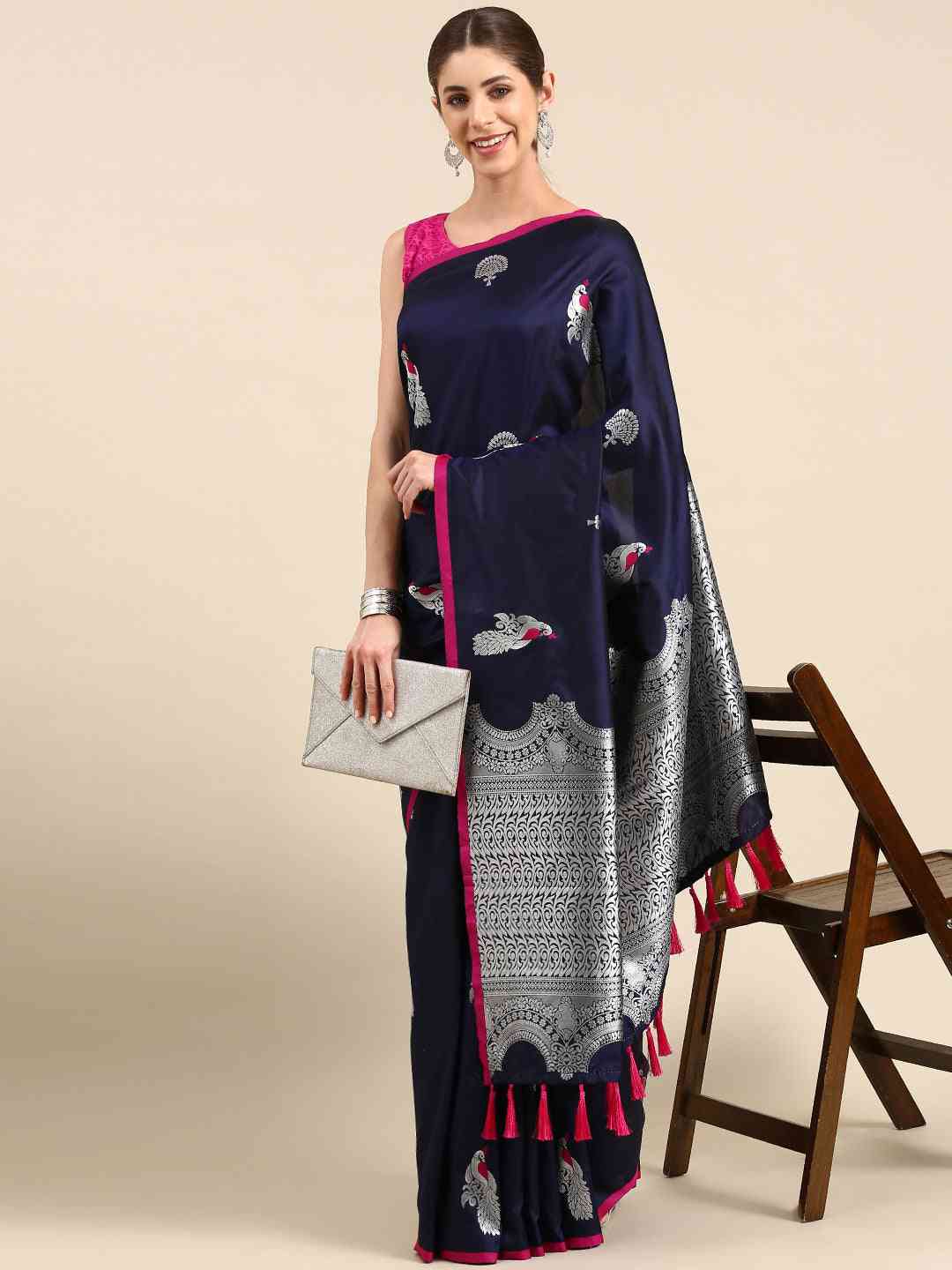 Navy Colour Banarasi Soft Silk Zari Weaving Saree by My Store