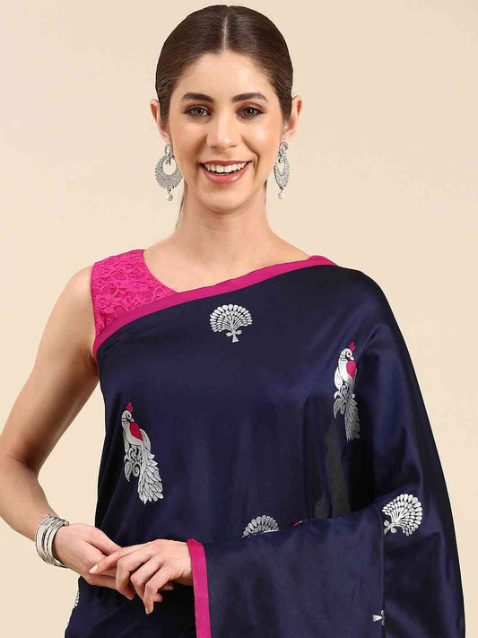 Navy Colour Banarasi Soft Silk Zari Weaving Saree by My Store
