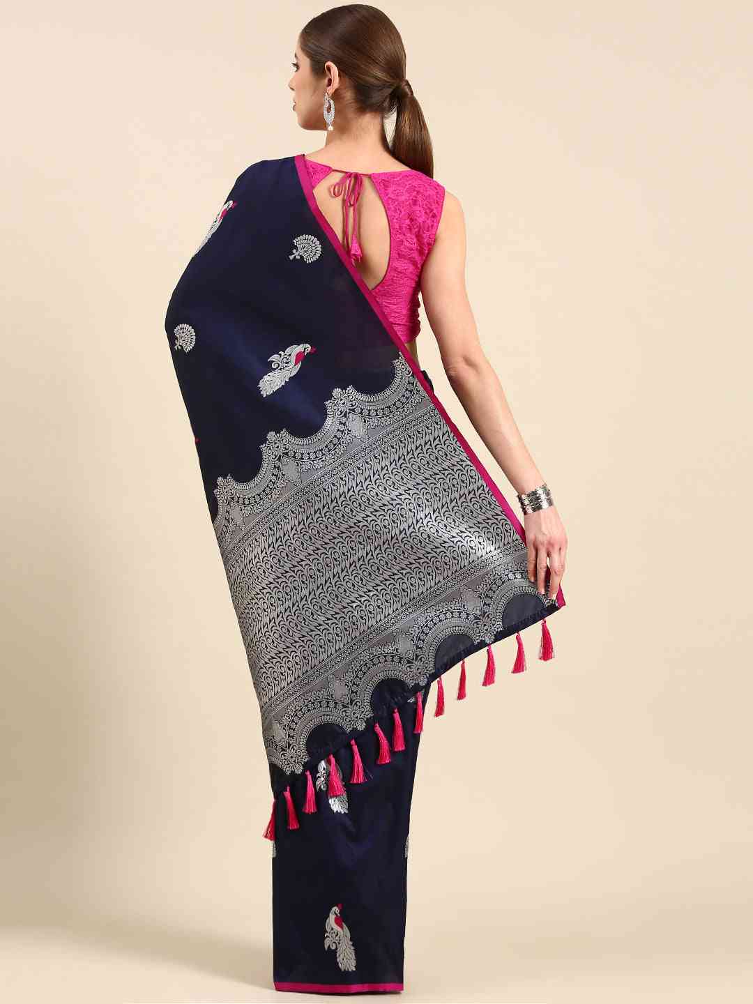 Navy Colour Banarasi Soft Silk Zari Weaving Saree by My Store