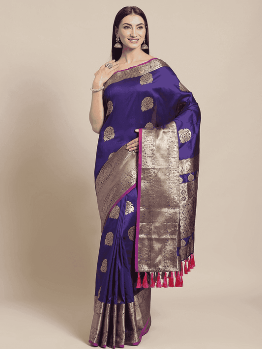 Indigo Colour Kanjivaaram Soft Silk Kanchi Zari Weaving Saree by My Store