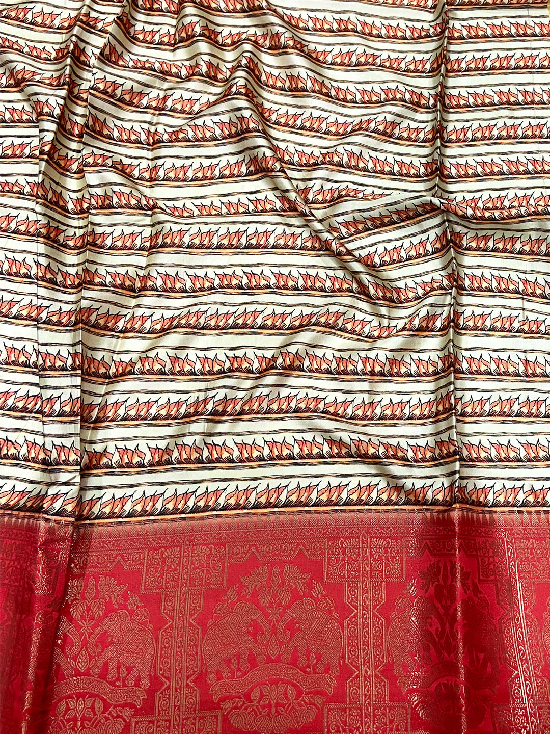 Ivory Kalamkari Printed Soft Satin Saree by My Store