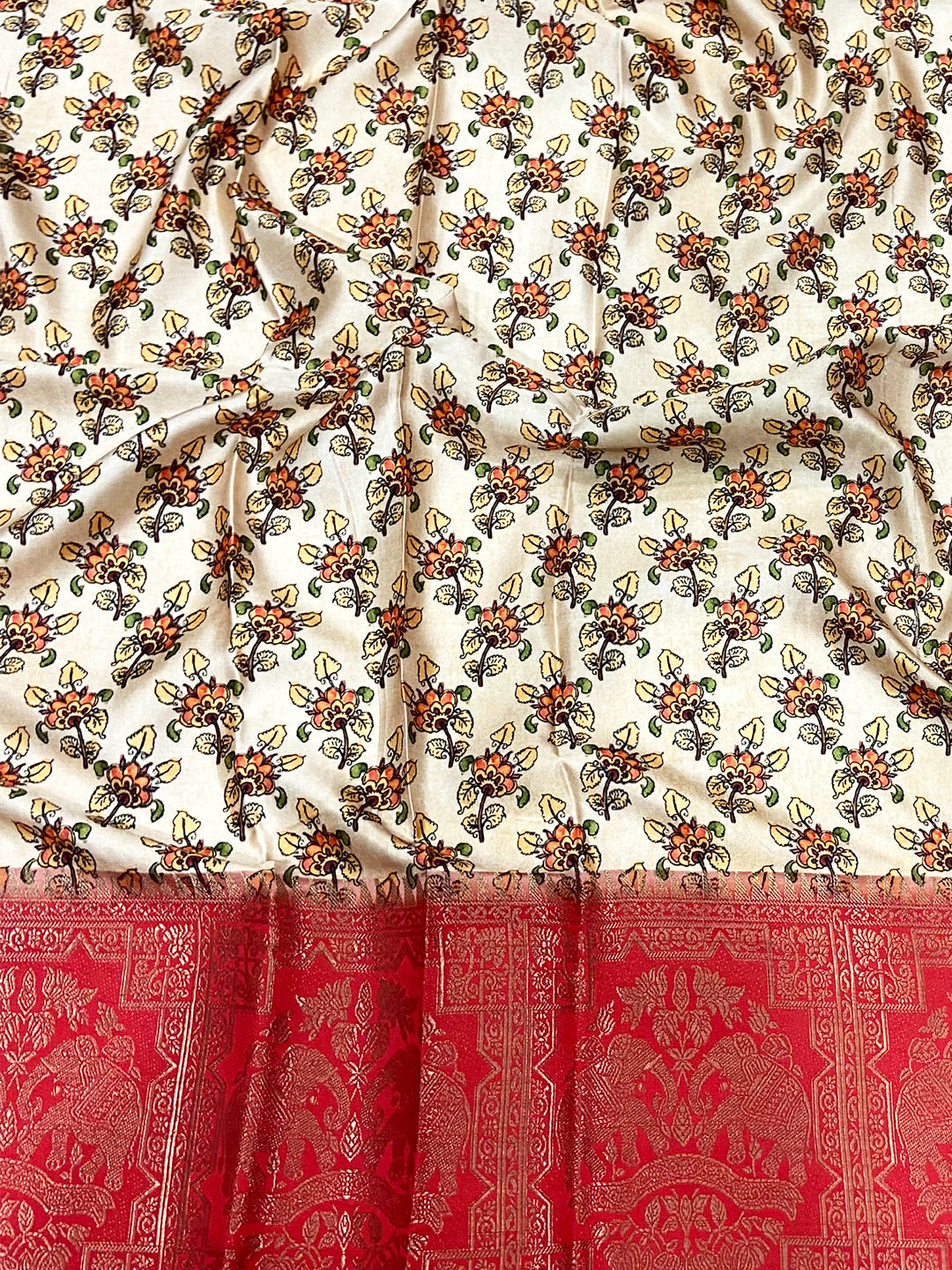 Beige Kalamkari Printed Soft Satin Saree