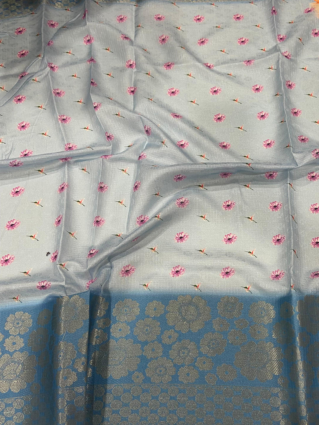 Sky Blue Kota Doriya Zari Floral Kanchi Border Saree by My Store