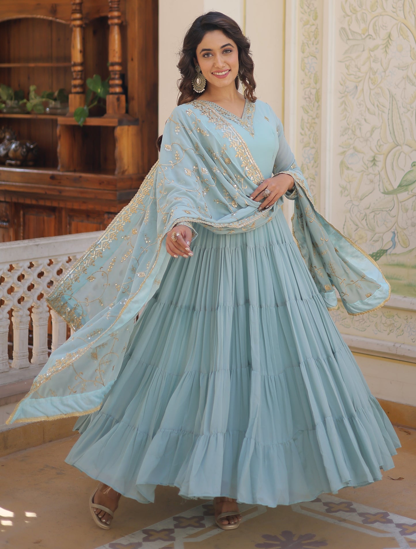 Designer Georgette Sky Blue Kurta Set