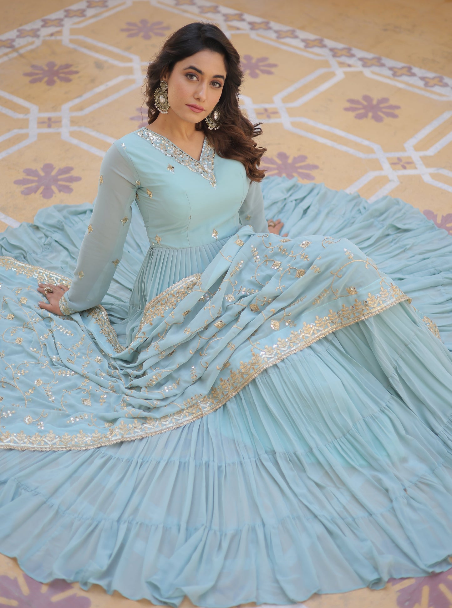 Designer Georgette Sky Blue Kurta Set