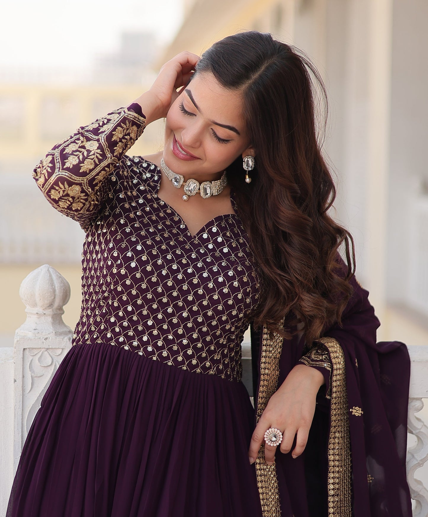 Designer Embroidered Wine Kurta Set