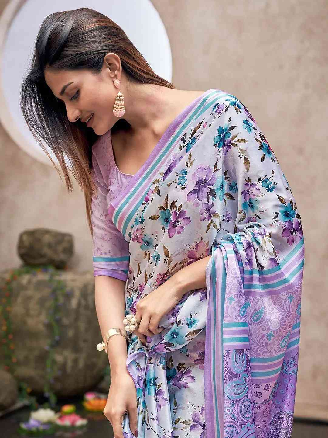 Satin Georgette Saree With Trendy Digital Print by My Store