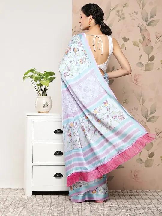Soft Satin Georgette Pristel Colour Party Wear Saree by My Store