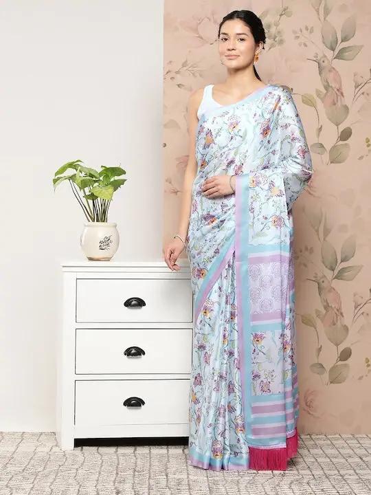 Soft Satin Georgette Pristel Colour Party Wear Saree by My Store
